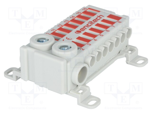 Splice terminal: distribution block; ways: 1; terminals: 16; red