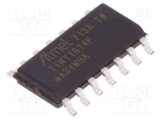 AVR microcontroller; EEPROM: 256B; SRAM: 2kB; Flash: 16kB; SO14