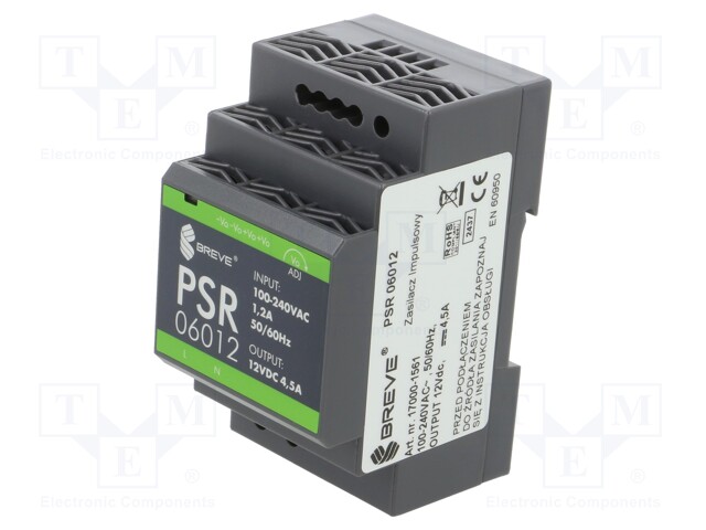 Power supply: switched-mode; for DIN rail; 54W; 12VDC; 4.5A; IP20