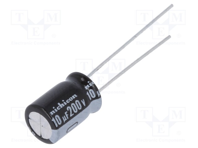 Capacitor: electrolytic; THT; 10uF; 200VDC; Ø8x11.5mm; Pitch: 3.5mm