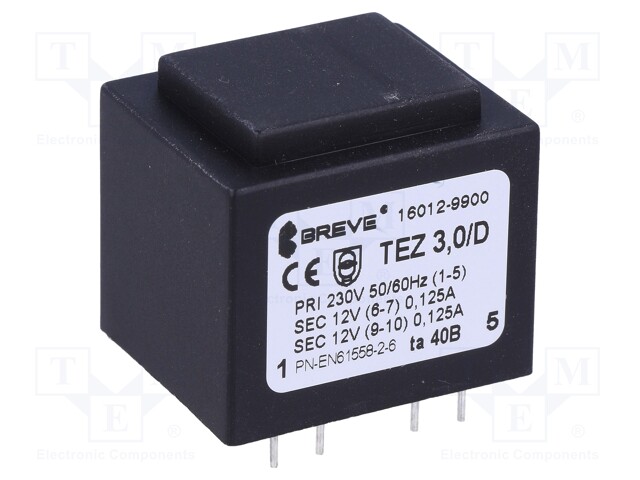Transformer: encapsulated; 3VA; 230VAC; 12V; 12V; 125mA; 125mA; IP00
