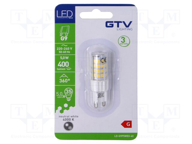 LED lamp; neutral white; G9; 230VAC; 400lm; 5W; 360°; 4000K