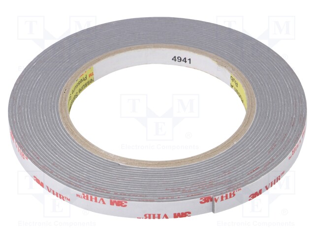 Tape: fixing; W: 9mm; L: 5m; Thk: 1.1mm; acrylic; grey; 93°C,max.149°C