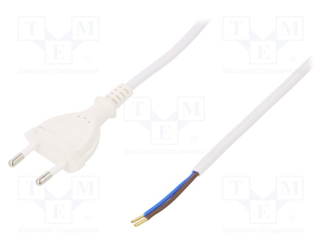 Cable; CEE 7/16 (C) plug,wires; 5m; white; PVC; 2x0,75mm2; 2.5A