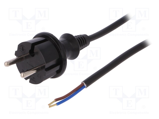 Cable; CEE 7/17 (C) plug,wires; 2m; black; PVC; 2x1mm2; 16A; 250V