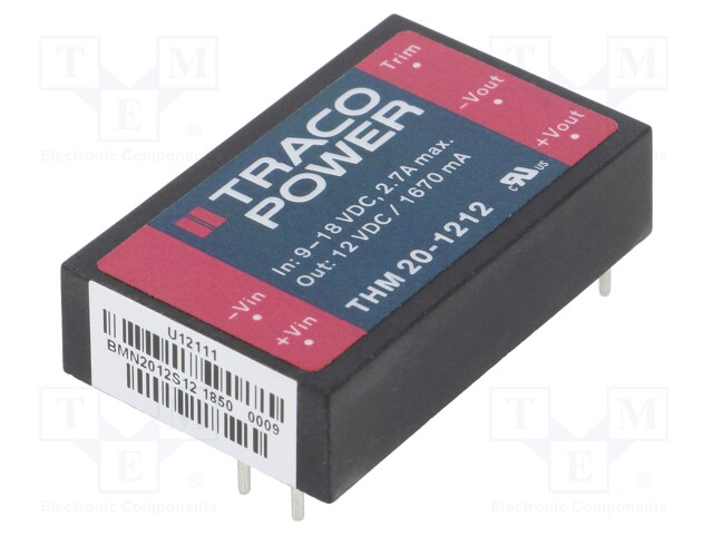Converter: DC/DC; 20W; Uin: 9÷18V; 12VDC; Iout: 1670mA; 1,6"x1"; 24g