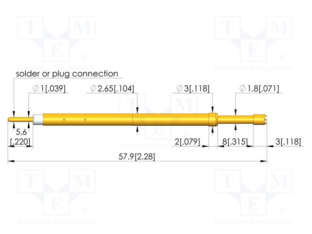 Test needle; Spring compression: 6.4mm; 8mm; 5A; CuBe; gold-plated