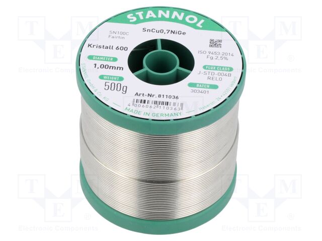 Soldering wire; Sn99,3Cu0,7+NiGe; 1mm; 500g; lead free; 2.5%