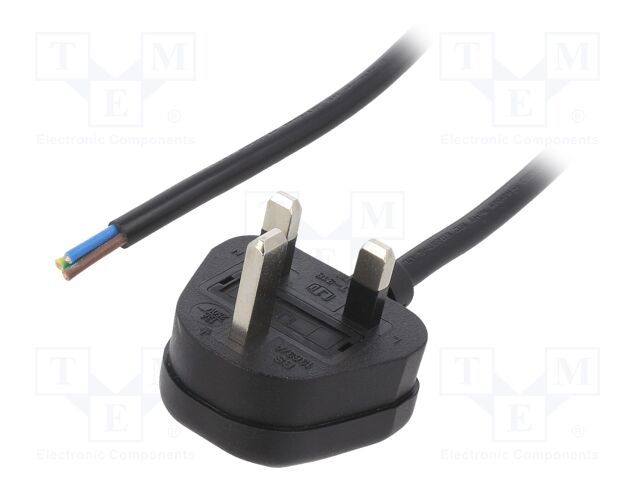 Cable; BS 1363 (G) plug,wires; PVC; 1m; black; 3x1mm2; 13A; 250V