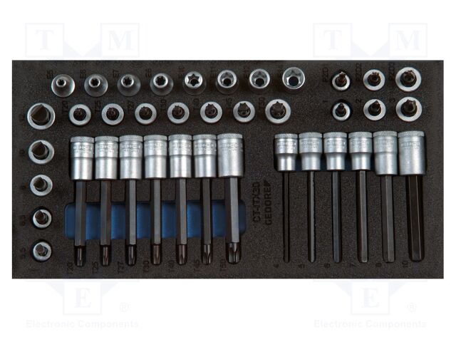 Kit: socket bits; in a foam tray; hex key,Pozidriv®,slot,Torx®
