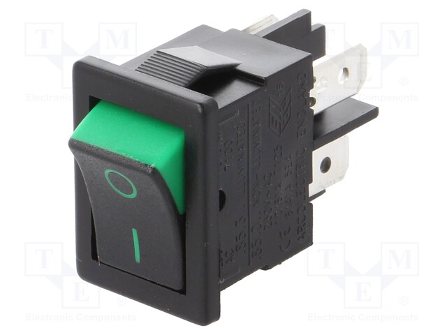 ROCKER; DPST; Pos: 2; OFF-ON; 10A/250VAC; 10A/28VDC; black-green