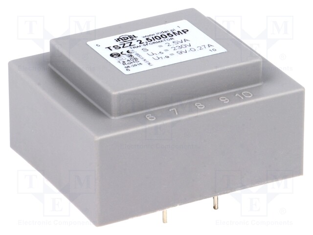Transformer: encapsulated; 2.5VA; 230VAC; 9V; 0.27A; Mounting: PCB