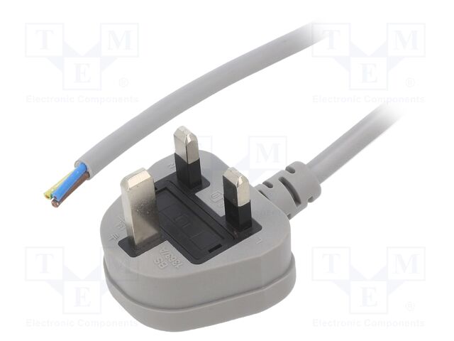 Cable; BS 1363 (G) plug,wires; PVC; 1.8m; grey; 3x1mm2; 13A; 250V