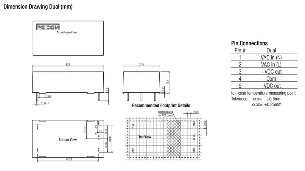Converter: AC/DC; 5W; Uout: 5VDC; Iout: 500mA; 73%; Mounting: PCB