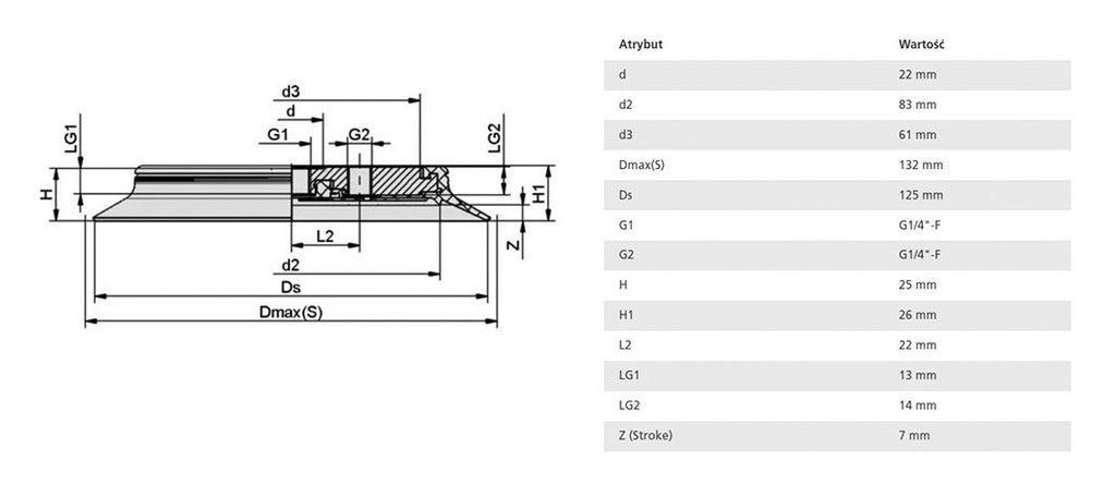 Suction cup; 125mm; G 1/4 F; Shore hardness: 60; 75.6cm3; SPU