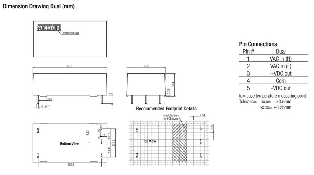 Converter: AC/DC; 6W; Uout: 12VDC; Iout: 250mA; 78%; Mounting: PCB