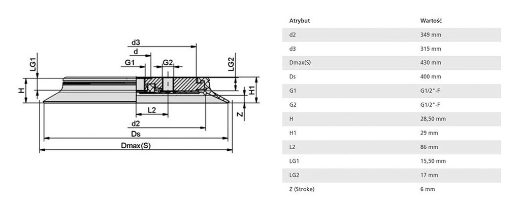 Suction cup; 400mm; G 1/2 F; Shore hardness: 55; 890cm3; SPU