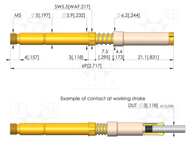 Test needle; Spring compression: 4mm; 5.5mm; 45A; CuBe; Ø: 6.2mm