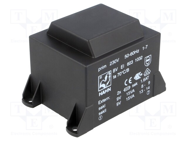 Transformer: encapsulated; 30VA; 230VAC; 9V; 9V; 1667mA; 1667mA
