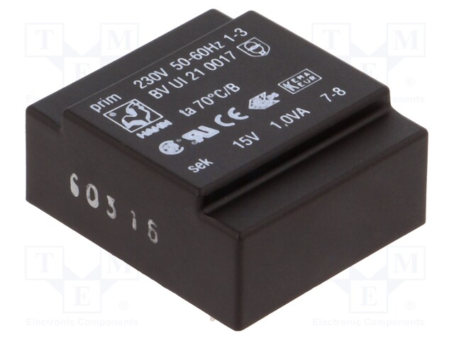 Transformer: encapsulated; 1VA; 230VAC; 15V; 67mA; Mounting: PCB