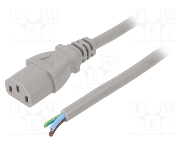 Cable; 3x1mm2; IEC C13 female,wires; PVC; 5m; grey; 10A; 250V