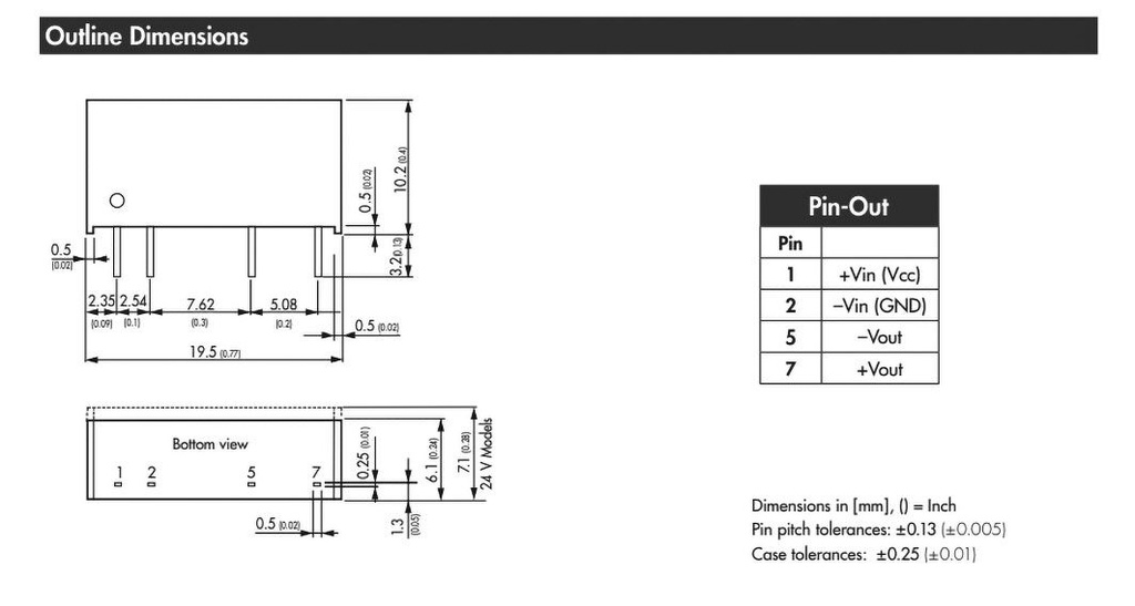 Converter: DC/DC; 1W; Uin: 21.6÷26.4V; 9VDC; Iout: 110mA; SIP7