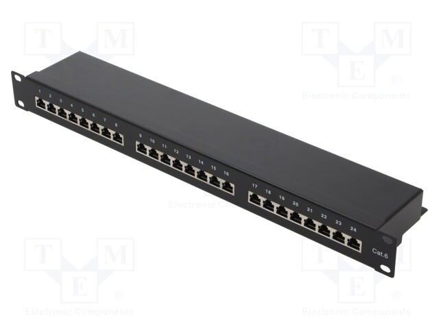Patch panel; RJ45; Cat: 6; RACK; Colour: black; Number of ports: 24