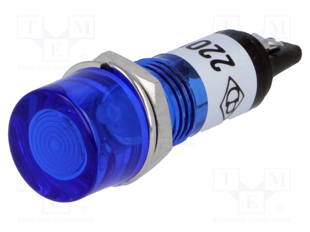 Indicator: with FLUO neon lamp; flat; blue; 230VAC; Cutout: Ø10mm