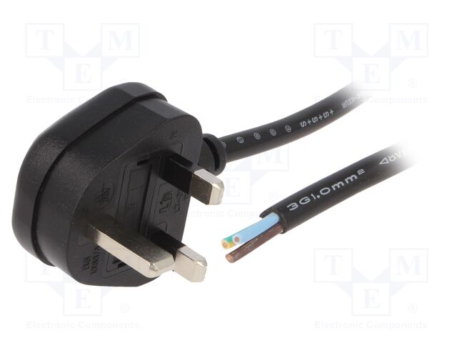 Cable; BS 1363 (G) plug; 1.8m; black; PVC; 3G1mm2; 13A; 300/500V