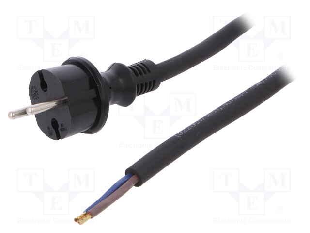 Cable; CEE 7/17 (C) plug,wires; 2m; black; rubber; 2x2,5mm2; 16A