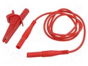 Test lead; banana plug 4mm,aligator clip; Len: 1m; red