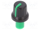 Knob; with pointer; ABS; Shaft d: 6mm; Ø16x14.4mm; black; push-in