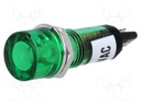 Indicator: with FLUO neon lamp; flat; green; 230VAC; Cutout: Ø10mm