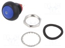 Switch: push-button; Pos: 2; SPST-NO; 0.4A/32VAC; 0.1A/50VDC; blue
