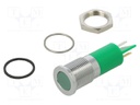 Indicator: LED; flat; green; Ø14mm; IP67; brass; ØLED: 10mm; Q14; 5mcd