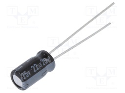 Capacitor: electrolytic; THT; 22uF; 25VDC; Ø5x9mm; Pitch: 2mm; ±20%