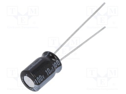 Capacitor: electrolytic; THT; 10uF; 100VDC; Ø6.3x9mm; Pitch: 2.5mm