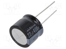 Capacitor: electrolytic; THT; 22uF; 400VDC; Ø18x15mm; Pitch: 7.5mm