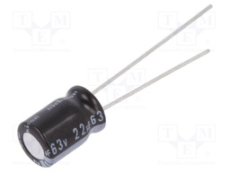 Capacitor: electrolytic; THT; 22uF; 63VDC; Ø6.3x9mm; Pitch: 2.5mm