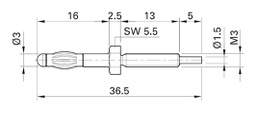 Connector: 3mm banana; plug; 30A; Connection: M3; max.150°C; 36.5mm