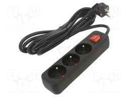 Extension lead; 3x1mm2; Sockets: 3; rubber; black; 3m; 10A