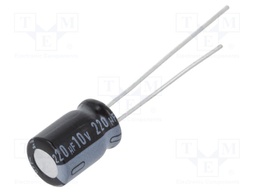 Capacitor: electrolytic; THT; 220uF; 10VDC; Ø6.3x9mm; Pitch: 2.5mm