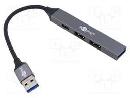 Hub USB; USB A socket x3,USB A plug,USB C socket; PnP; grey