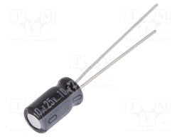 Capacitor: electrolytic; THT; 10uF; 25VDC; Ø5x9mm; Pitch: 2mm; ±20%