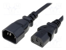 Cable; 3x0.75mm2; IEC C13 female,IEC C14 male; PVC; 1m; black; 10A
