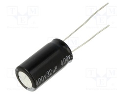 Capacitor: electrolytic; THT; 22uF; 400VDC; Ø10x18mm; ±20%; 125mA