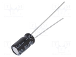 Capacitor: electrolytic; THT; 22uF; 50VDC; Ø5x9mm; Pitch: 2mm; ±20%