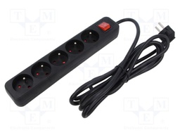 Extension lead; 3x1mm2; Sockets: 5; rubber; black; 1.5m; 10A