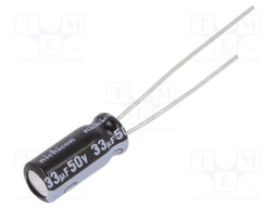 Capacitor: electrolytic; THT; 33uF; 50VDC; Ø5x11mm; Pitch: 2mm; ±20%