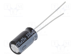 Capacitor: electrolytic; THT; 220uF; 25VDC; Ø6.3x11mm; Pitch: 2.5mm